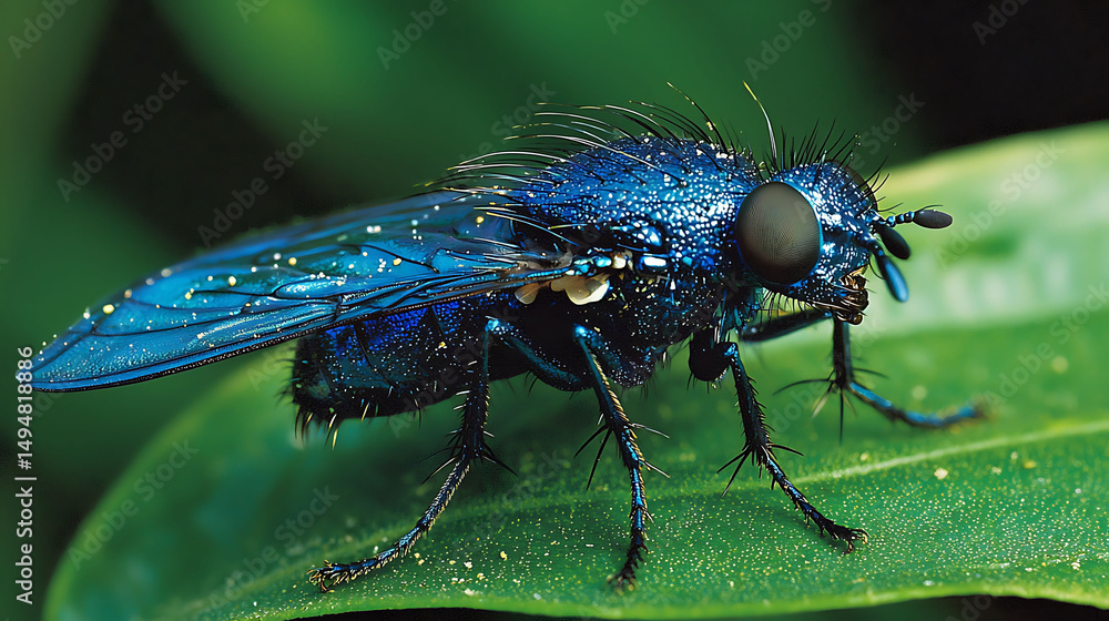 Fototapeta premium Stunning closeup of an iridescent blue fly perched on a vibrant green leaf.