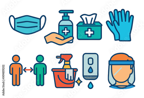 Healthcare and safety icons set – flat, outline, medical and hygiene symbols