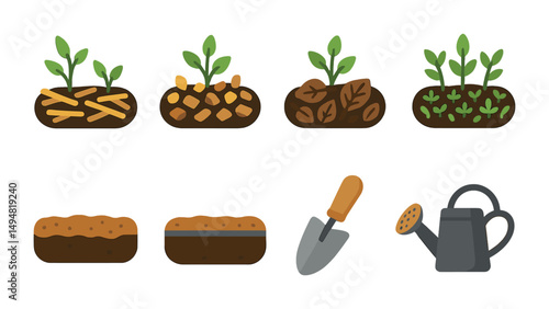Gardening flat icons set – filled, silhouette, plant care and tools collection