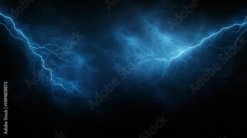 Powerful electric storm with jagged blue lightning bolts against a dark background