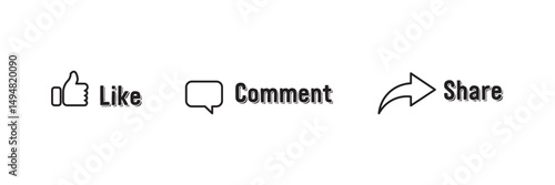 Like, Share and comment icons buttons set with black  color. Like icon button, thumb up, comment, repost and share icon buttons. Social media notification icons flat style. Vector illustration. EPS10
