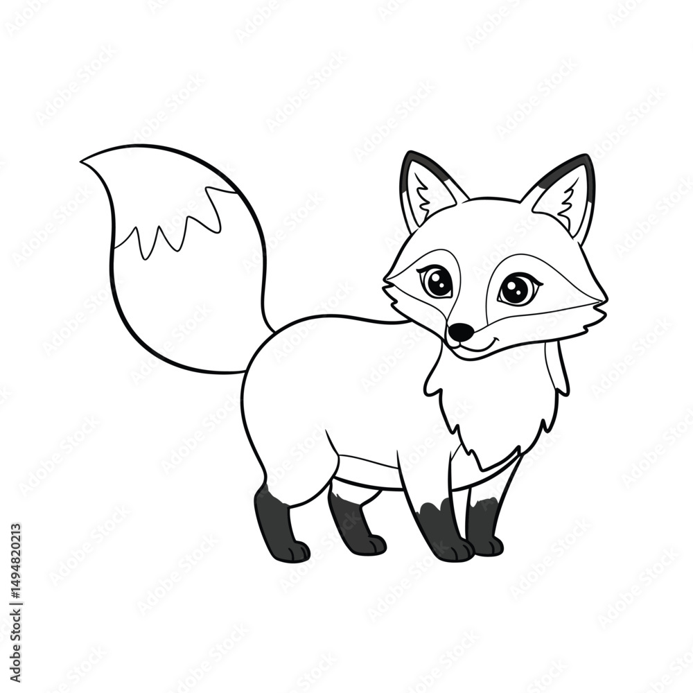 Cute Black and White Cartoon Fox Illustration for Coloring and Design Cute Black and White Cartoon Fox Illustration for Coloring and Design