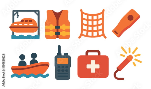 Marine safety flat icons set – filled, rescue, emergency equipment symbols