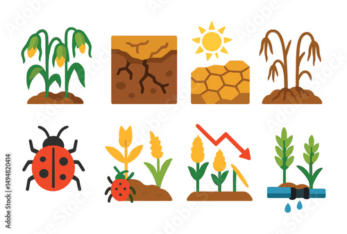 Drought and agriculture flat icons set – water scarcity, farming, climate symbols