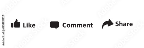 Like, Share and comment icons buttons set with black  color. Like icon button, thumb up, comment, repost and share icon buttons. Social media notification icons flat style. Vector illustration