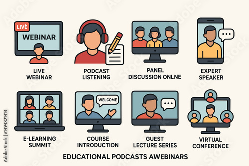 Virtual conference flat icons set – webinar, educational, online discussion graphics