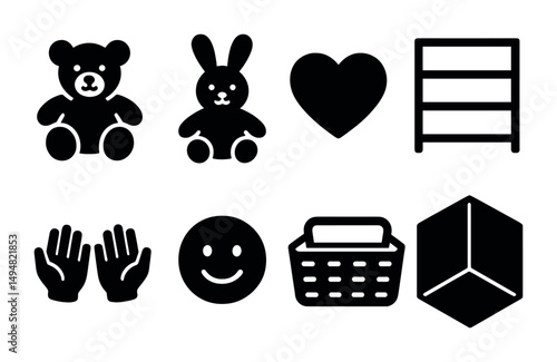 Toy and storage solid icons set – filled, silhouette, playroom and organization symbols