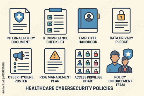 Healthcare policy solid icons set – filled, security, compliance visuals