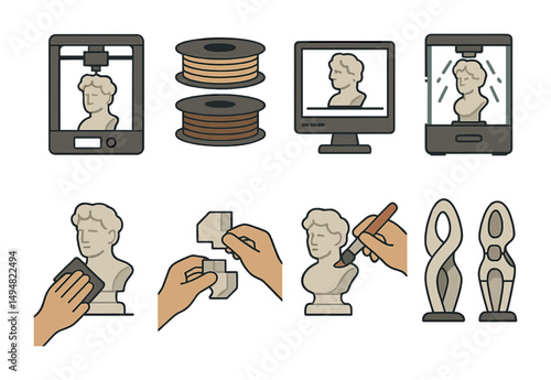 3d printing process icons set – pixel art, filled, additive manufacturing symbols