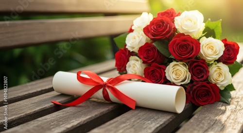 Graduation Congratulations A Bouquet of Red and White Roses with Diploma
