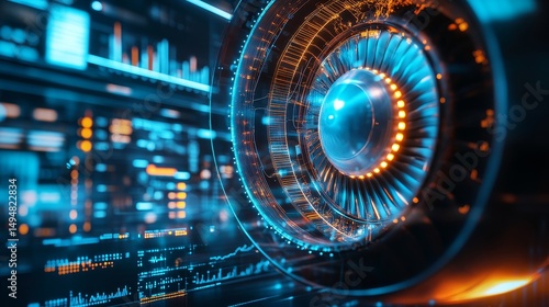 Close-up of an airplane engine with blue and orange neon lights, surrounded by glowing digital graphs and charts in the background. 