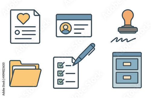 Office administration outline icons set - linear, document management symbols