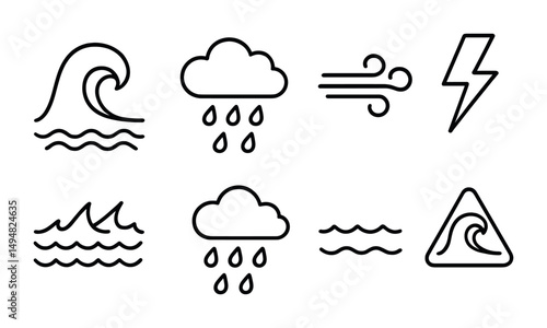 Weather outline icons set – storm, wind, climate symbols and linear signs