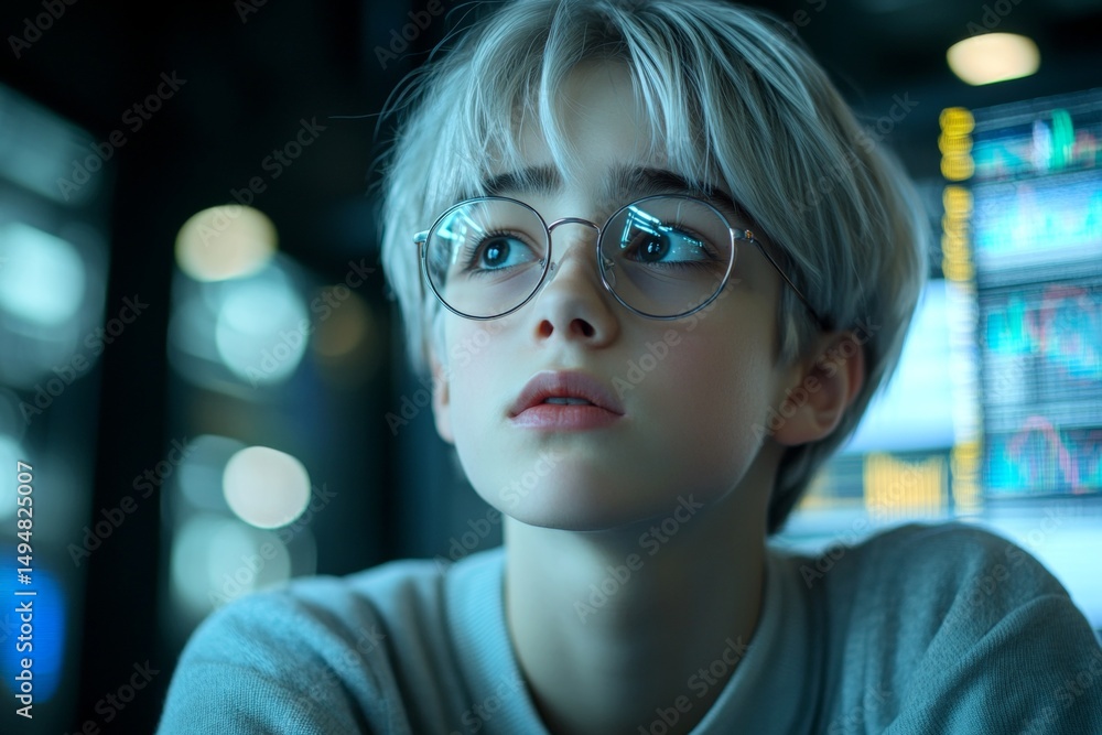 Techie caucasian high schooler boy in laid-back, infographics reflections in his glasses. Visual artwork of it. Dark web vendor looks very irritated at the monitor in dark network hub. Techie caucasian high schooler boy in laid-back, infographics reflections in his glasses. Visual artwork of it. Dark web vendor looks very irritated at the monitor in dark network hub.