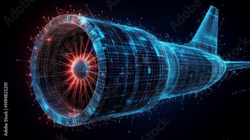 Abstract polygonal airplane engine. Only the engine, not the plane. Built from low poly wireframe, vector illustration isolated over abstract digital technology concept