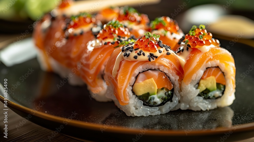 Sushi rolls with salmon, professional restaurant kitchen background Sushi rolls with salmon, professional restaurant kitchen background