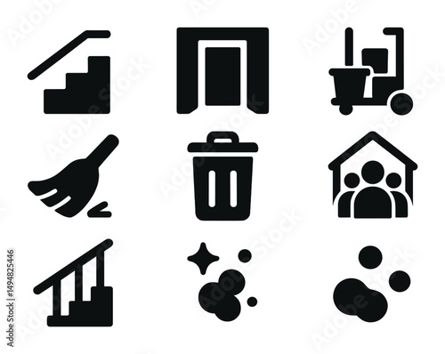 Cleaning and maintenance solid icons set – sanitation, housekeeping, janitorial symbols