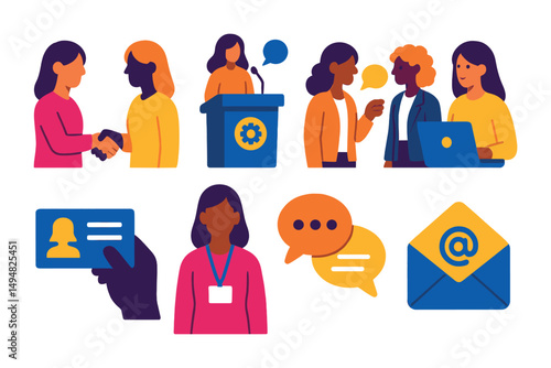 Business communication flat icons set – professional, teamwork, workplace symbols