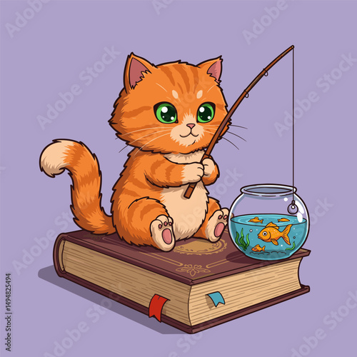 Cartoon animal enjoying quiet fishing, innocent and calm