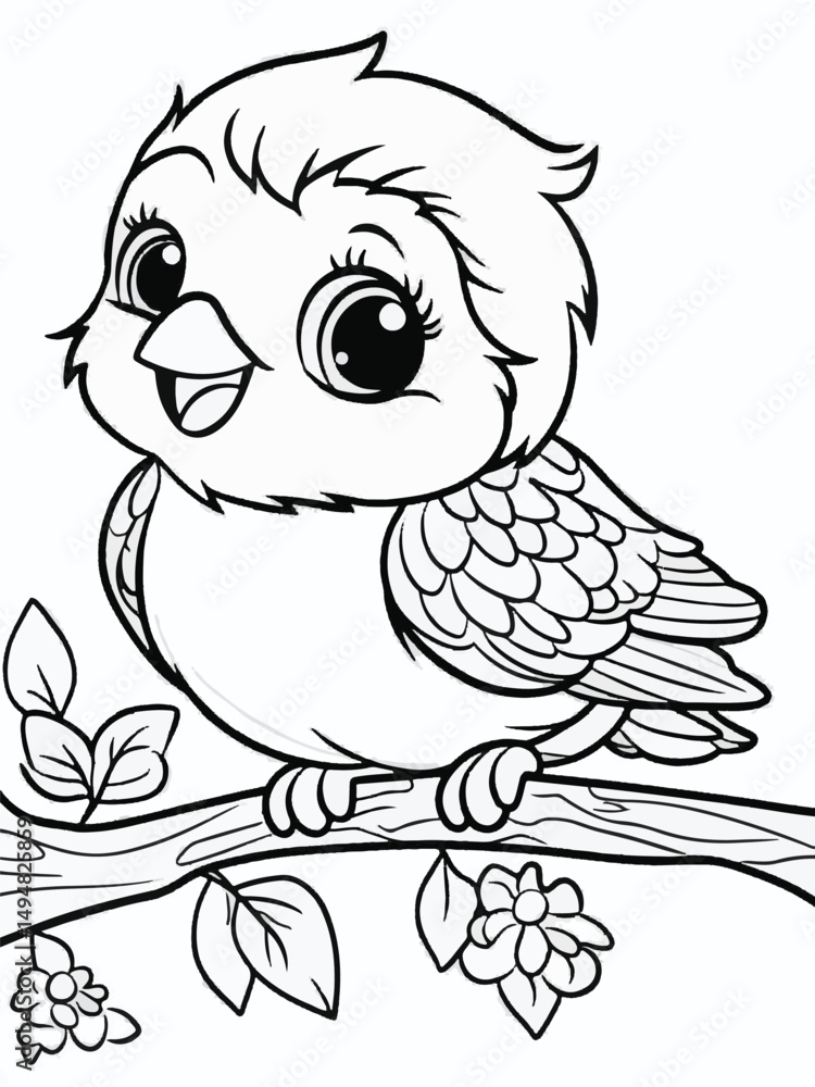 Obraz premium Cute Bird on Branch – Line Art for Coloring Page