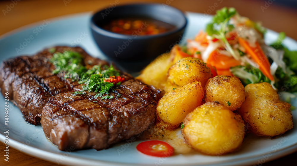 A delicious steak dinner with roasted potatoes salad and dipping sauce on a light blue plate close up A delicious steak dinner with roasted potatoes salad and dipping sauce on a light blue plate close up
