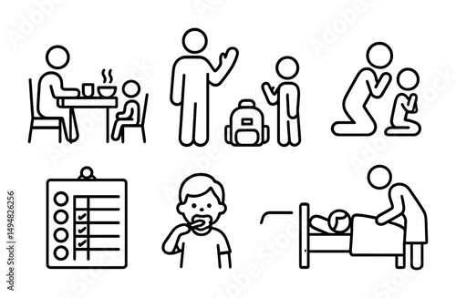 Family routine outline icons set – daily life, linear, parenting and schedule symbols