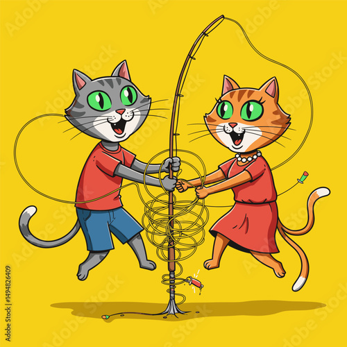 Cartoon-style fishing cat, tiny details, lovely simplicity