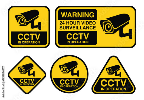 Security Camera or CCTV sign in yellow and black. Pictogram of CCTV in Operation