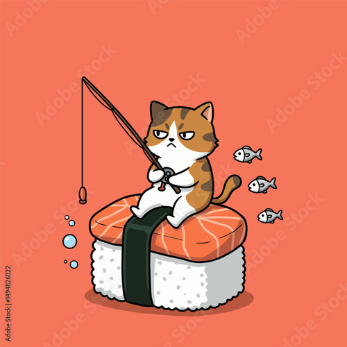Fluffy kitten patiently fishing, peaceful cartoon scene, nature vibes


