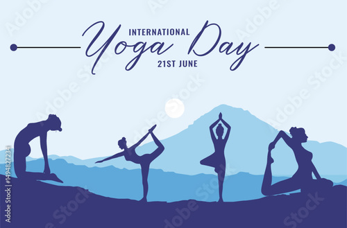 International Yoga Day 21st June – Women Doing Yoga Poses at Sunrise with Mountain Background