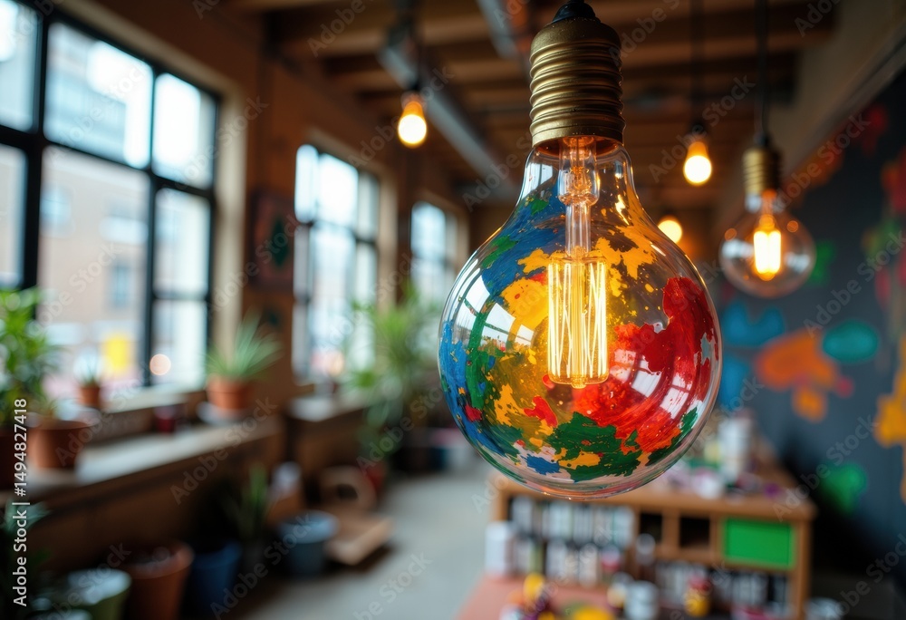 Colorful artistic light bulb hanging in a cozy, modern interior space with large windows Colorful artistic light bulb hanging in a cozy, modern interior space with large windows