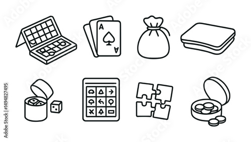 Board and card games outline icons set - flat, silhouette, gaming symbols