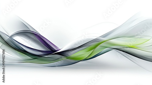 Abstract flowing waves in grey, green, and purple hues against a white background