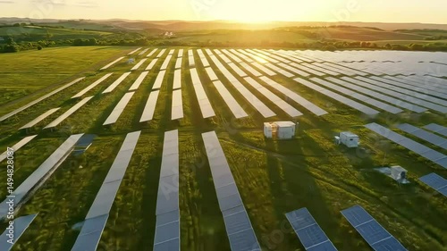 Rows of solar panels stretch across a field, harnessing the sun's energy at a modern farm.