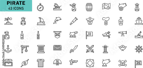 Pirate Vector Icon Set. 43 Treasure, Ship, Skull, Adventure Line Icons