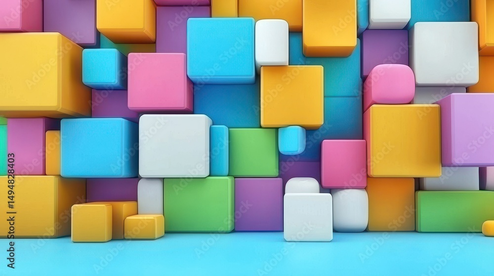 Obraz premium Colorful 3D cubes are stacked and arranged in a playful, geometric pattern against a blue background.