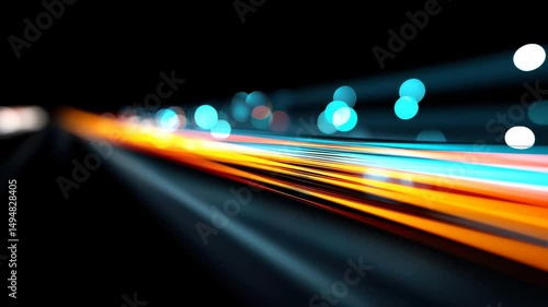 Abstract light trail with blue and orange streaks, glowing bokeh effect, motion blur, and dynamic energy, featuring abstract fiber optic cable, futuristic digital art, and vibrant technology