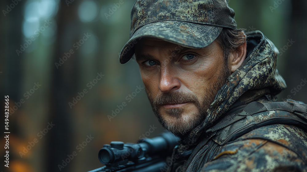 Fototapeta premium Armed man in camo and cap with rifle, turning head over shoulder in forest environment 