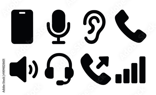 Communication devices solid icons set – silhouette, filled, audio and call symbols