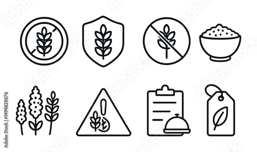 Gluten-free outline icons set – allergen labels, health symbols, allergy-free graphics