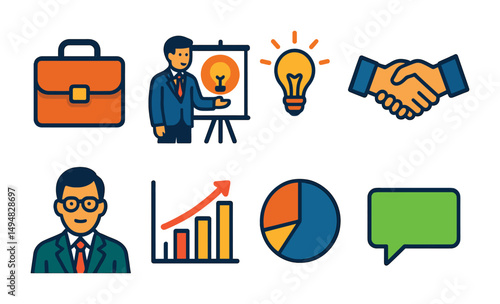 Business and marketing icon set - flat, solid, professional symbols for growth