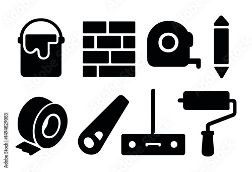 Construction and renovation solid icons set – filled, building, redesign graphics