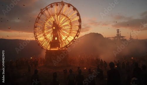 Wallpaper Mural A large wooden Ferris wheel structure burns with bright flames while crowds gather in a dusty atmosphere under a dramatic sunset sky for a ceremonial event Torontodigital.ca