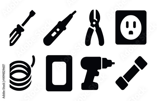 Electrical tools solid icons set – flat, silhouette, equipment and power symbols