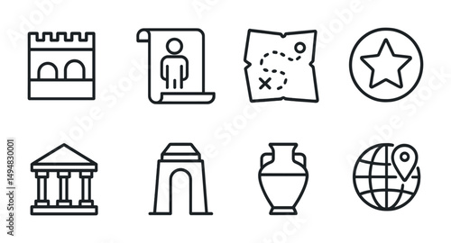 Historical landmarks outline icons set – line, silhouette, ancient and heritage symbols