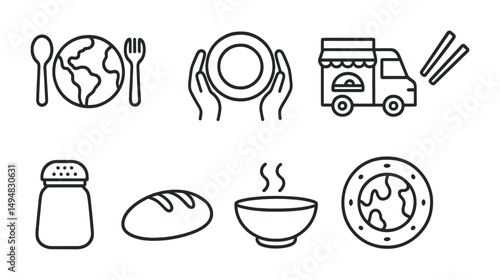 World cuisine outline icons set – travel, global, food and dining symbols
