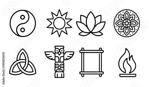 Spiritual and meditation outline icons set – yoga, peace, mindfulness symbols