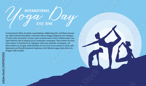 Celebrate International Yoga Day on June 21st with this vibrant illustration of women performing yoga poses, promoting health, balance, fitness, and inner peace.