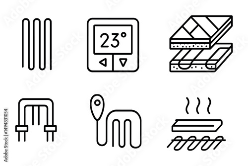 Home heating line icons set – outline, linear, thermostat and furnace symbols