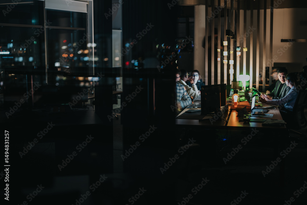 Fototapeta premium A group of diverse colleagues collaborate on a project in an office, working late into the night. They engage in discussion and analysis, emphasizing teamwork and goal achievement under dim lighting.